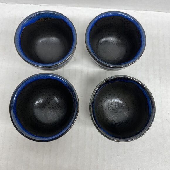 Set of 5 Japanese Sake Set Blue & Black Stoneware Pottery - Picture 6 of 10